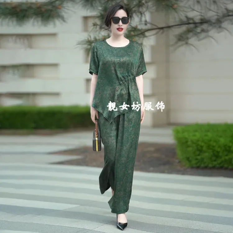 设计师款不规则上衣休闲圆领大版衫搭九分阔腿裤时髦大码两件套装