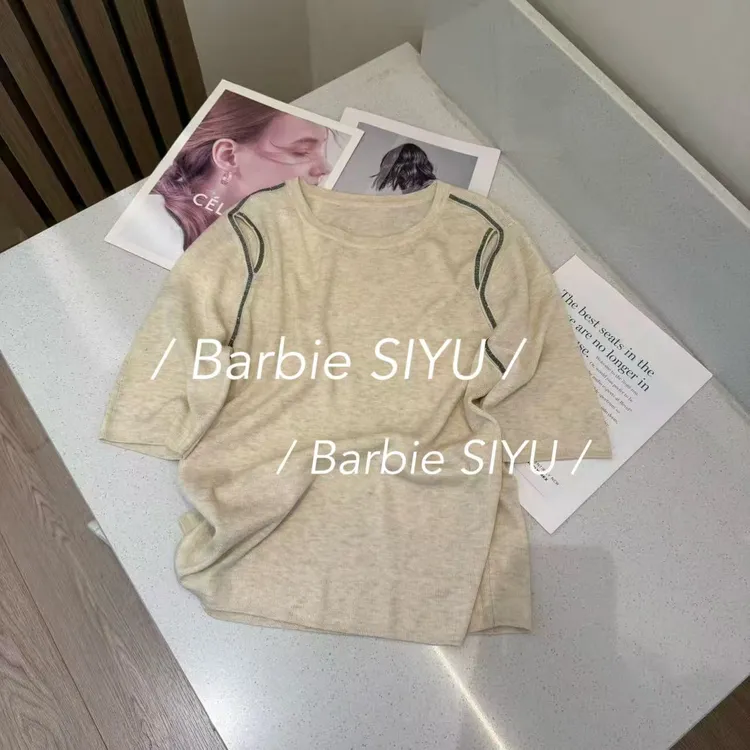 【Barbie Jingni】‘’糖水铺‘’5916秋季露肩烫钻圆领中袖针织上衣