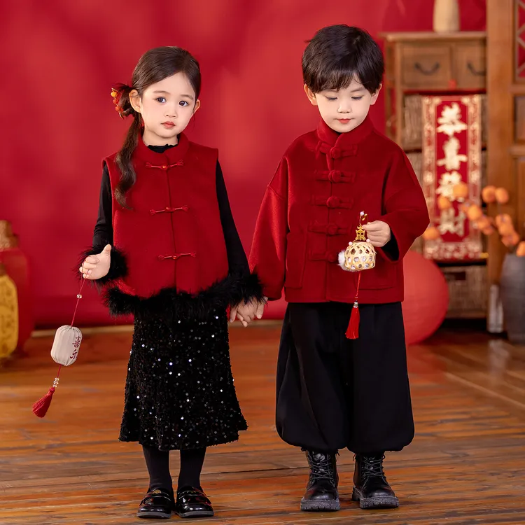 新中式男女童唐装红色秋冬套装国风汉服拜年服儿童过年衣服表演服