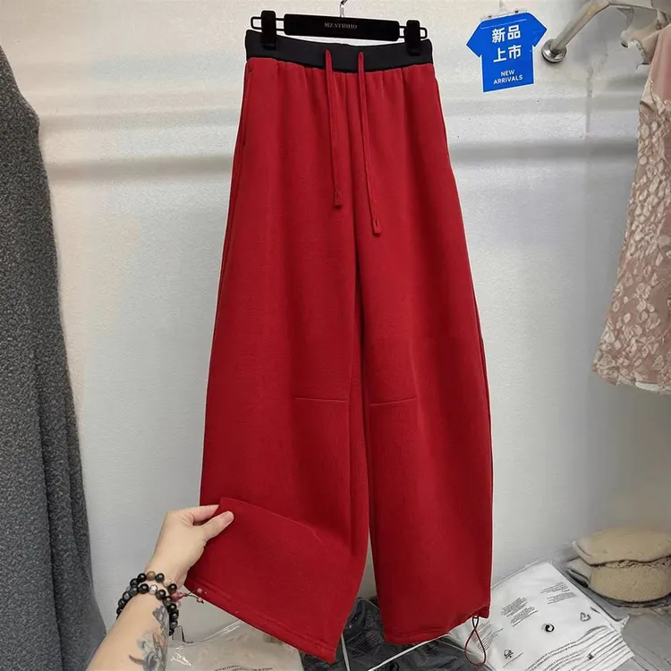 弯刀裤拼接高腰抽绳松紧显瘦百搭高级感撞色加绒运动休闲长裤女