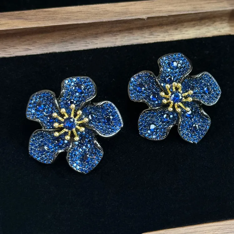 铜合金耳饰 A027 秋冬蓝色流光花朵气质优雅高级感流苏耳钉耳环