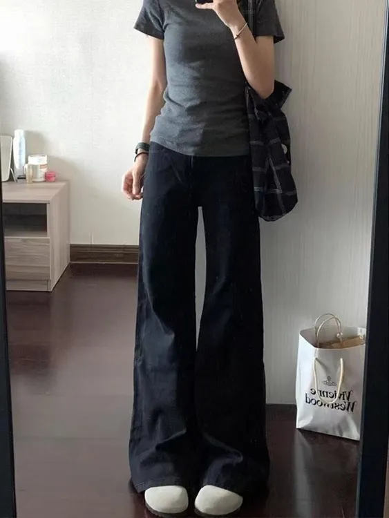 黑色不贴腿微喇牛仔裤女2025春季新款高腰加长宽松显瘦阔腿拖地裤