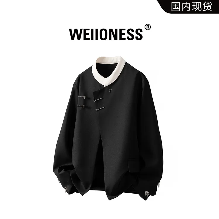 WEIIONESS新中式拼色金属搭扣夹克男款春秋季高级感痞帅西服外套