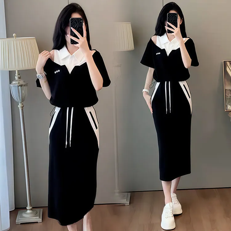 高含棉设计感休闲套装女2025年夏季新款假两件短袖半身裙两件套