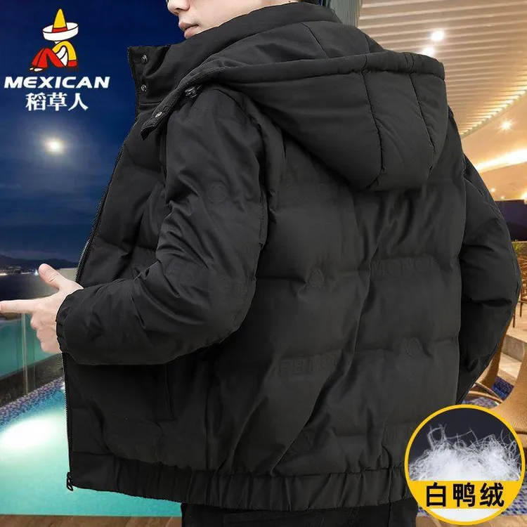 稻草人白鸭绒羽绒服男士冬季加厚韩版帅气短款可拆卸连帽保暖外套