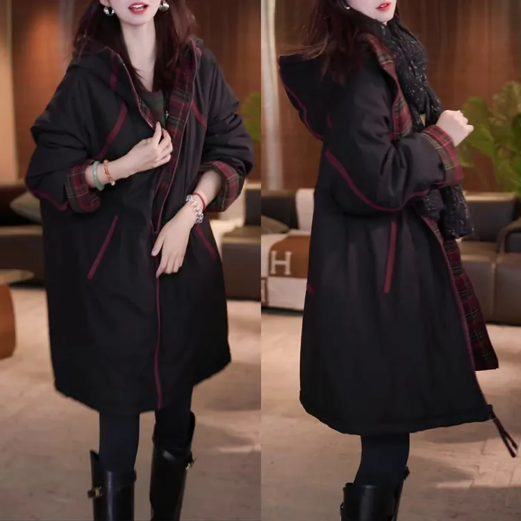 时尚休闲百搭双面穿连帽棉服秋冬新款气质宽松显瘦中长款棉衣外套