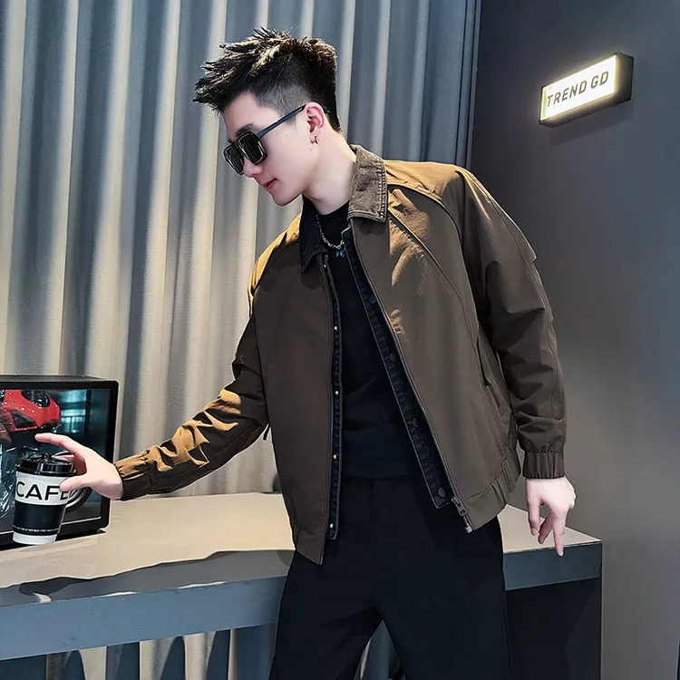 拼接假两件外套男士春秋季潮牌翻领夹克2025新款韩版休闲爆款上衣