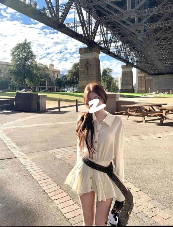 早秋新款气质收腰大裙摆长袖衬衫裙百搭短裙8032#