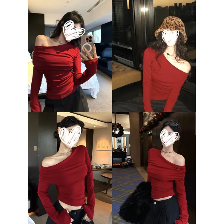 梦优莱新款潮牌时尚斜肩褶皱长袖T恤女装秋冬显瘦内搭打底衫上衣