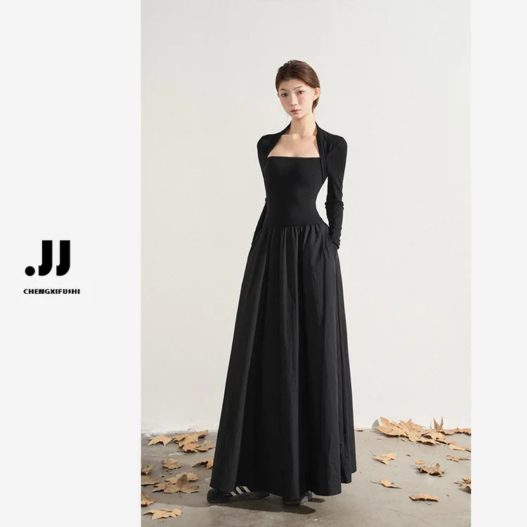 【天鹅少女】法式复古纯欲风黑色收腰显瘦连衣裙+外套H1027 H1063