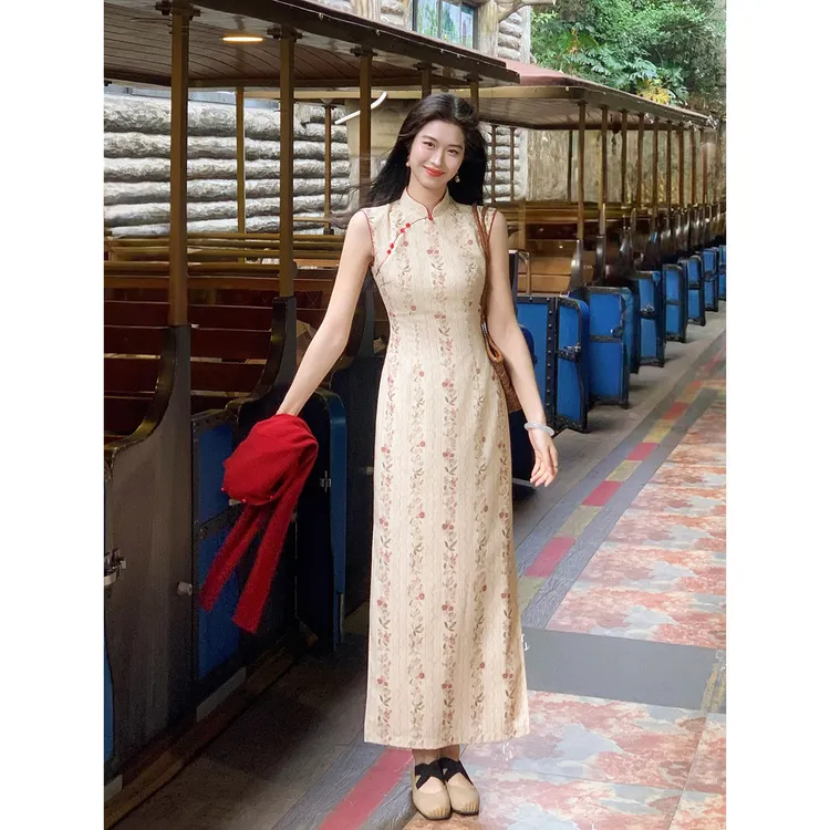 凌茜恣禾【椿樱时】国风新中式棉麻条纹印花无袖连衣裙复古改良旗袍