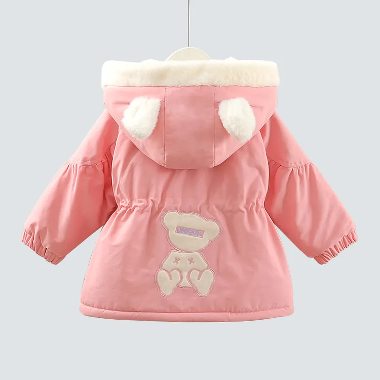 女童冬装加绒风衣儿童中长款连帽夹棉派克服女宝宝韩版仿兔毛外套