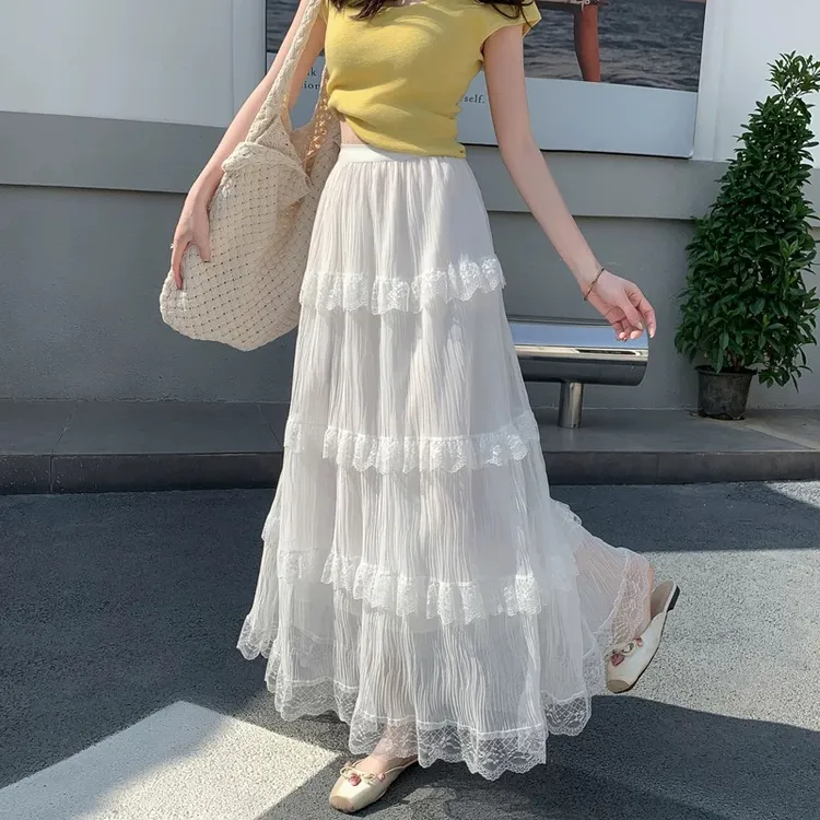 三层网纱肌理感纱裙拼接蕾丝蛋糕裙半身裙温柔甜美长裙新款 5718