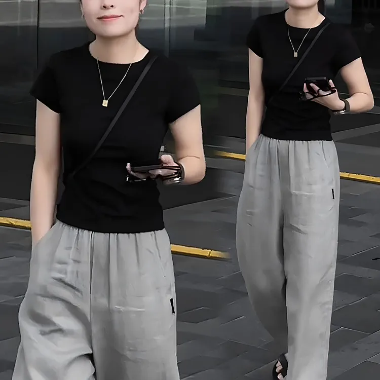 时尚套装女2025夏季新款修身炸街减龄短袖T恤高腰阔腿裤两件套潮