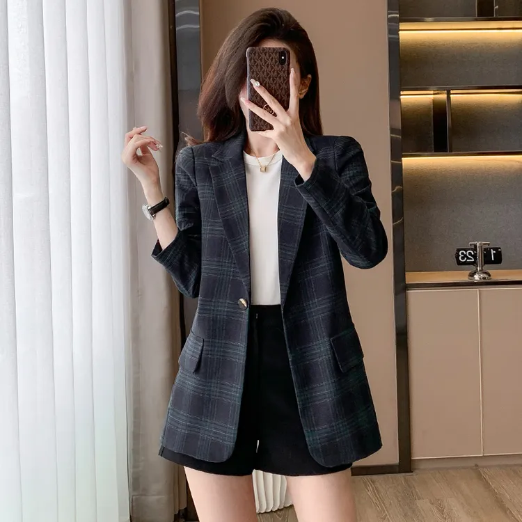 绿色格子西装外套女休闲大码早春2025新款时尚洋气百搭小个子西服