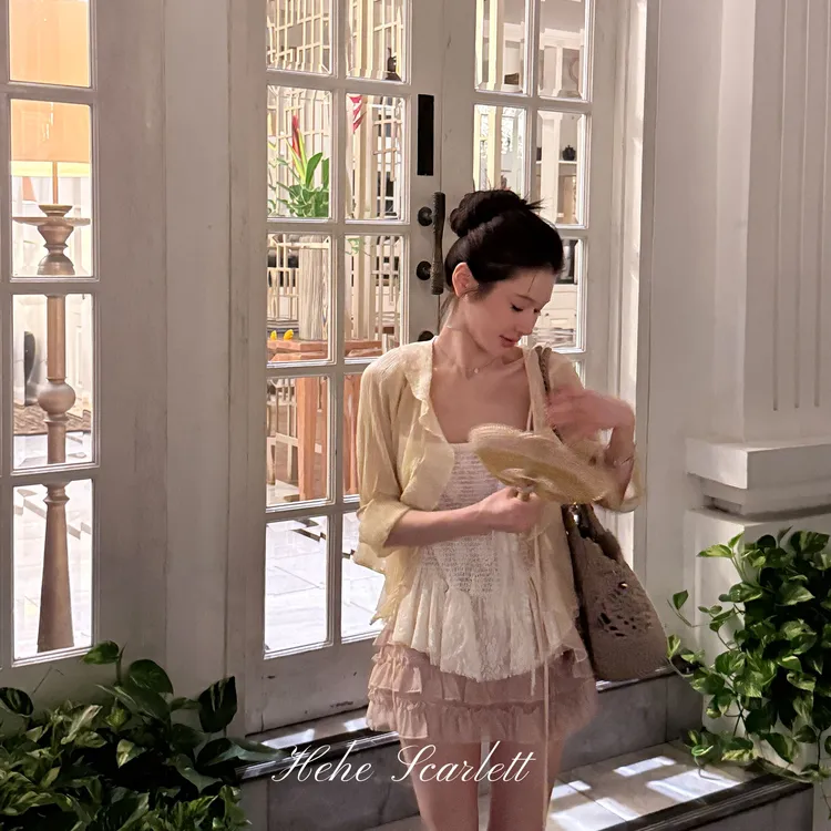 你的呵呵scarlett|甜美荷叶边开衫 蝴蝶结系带优雅针织开衫