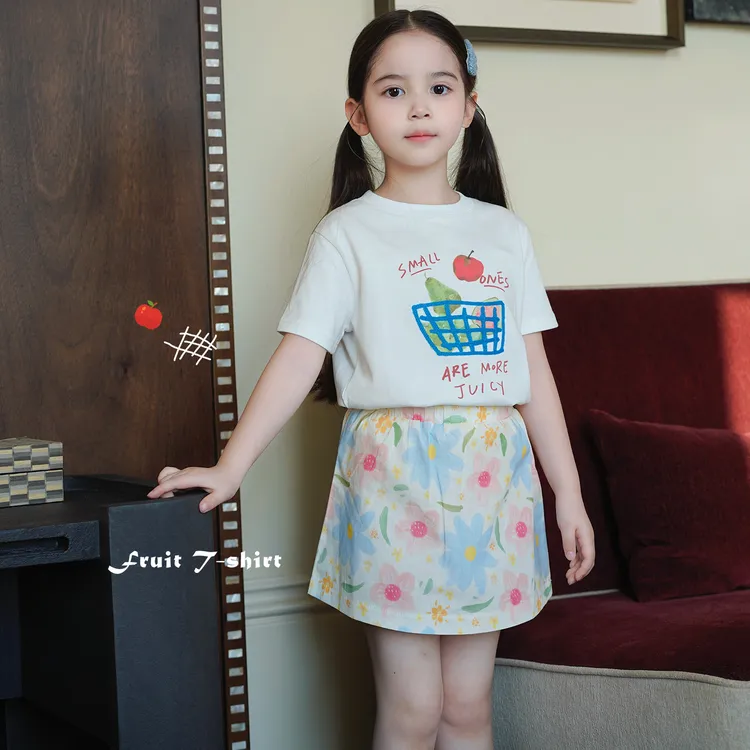 AnnieGirl夏季美式水果印花短袖T恤女童白色圆领宽松上衣裙裤套装