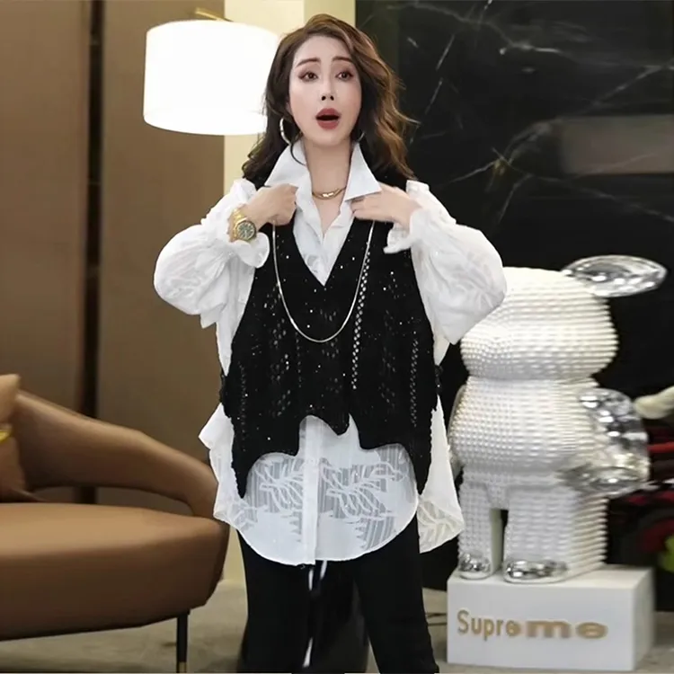 入春气质穿搭时尚套装女装白色衬衫设计感v领针织背心马甲两件套