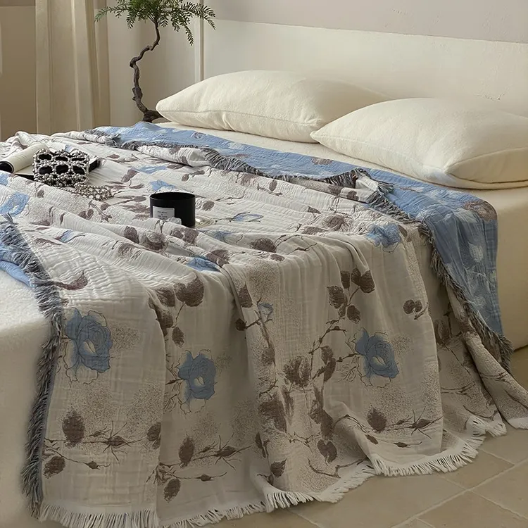 全棉四层精细纱单人纱布毯流苏款多功能休闲毯午睡毯沙发毯夏凉被