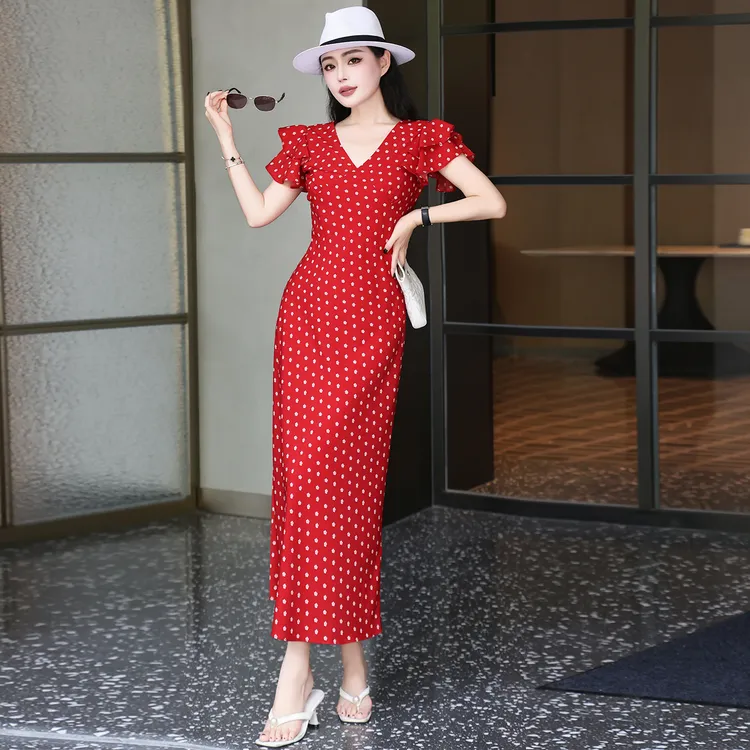 2025夏季法式小香风荷叶飞袖修身红色碎花女神连衣裙优雅气质长裙