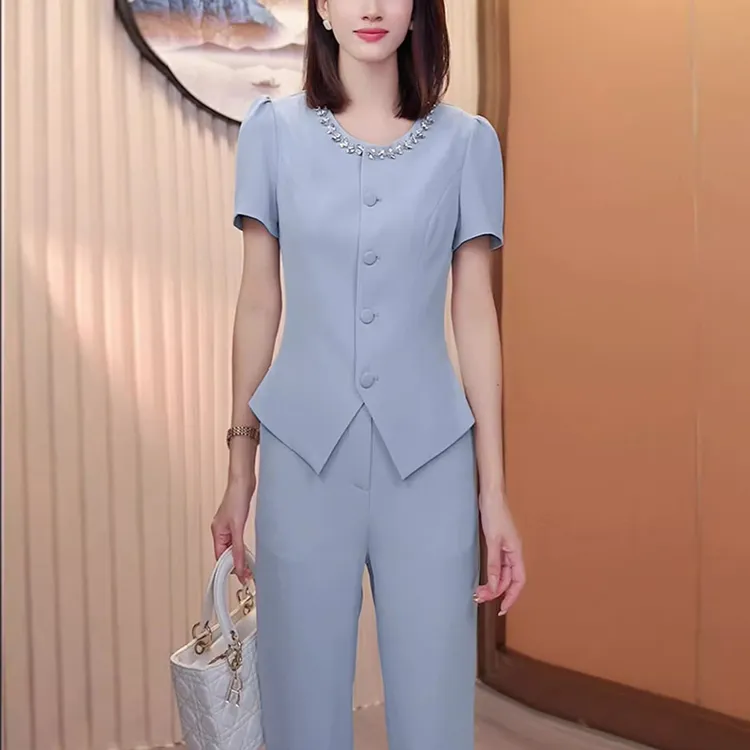 蓝色西装套装女高级感时尚气质短袖夏季薄款销售职业装气质工作服