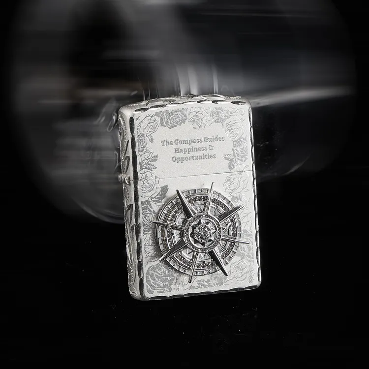 TSHOMX【玫瑰罗盘】创意镀银手雕咬边防风打火机圣诞送男生礼物