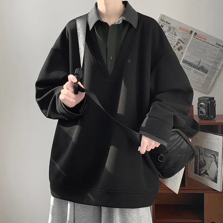 假两件衬衫领卫衣男春秋加肥加大码潮胖子宽松休闲高级感痞帅外套