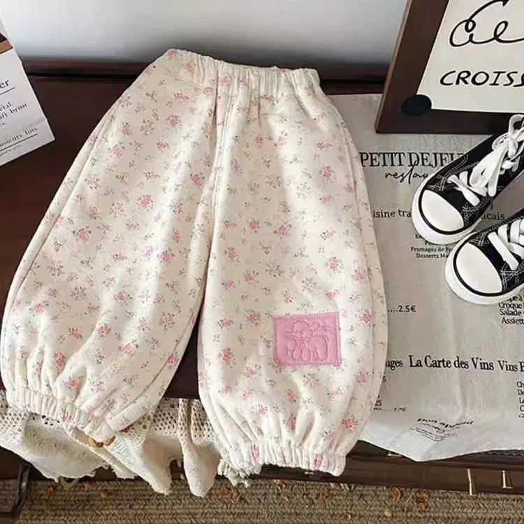 女童加绒裤子碎花2025女童松紧带长裤日系冬季休闲裤束脚裤中腰