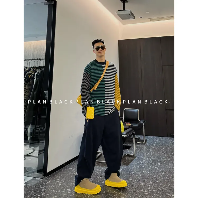 RICH陈发财【火星演唱会】拼色条纹调性！韩风撞色氛围条纹男T恤8216