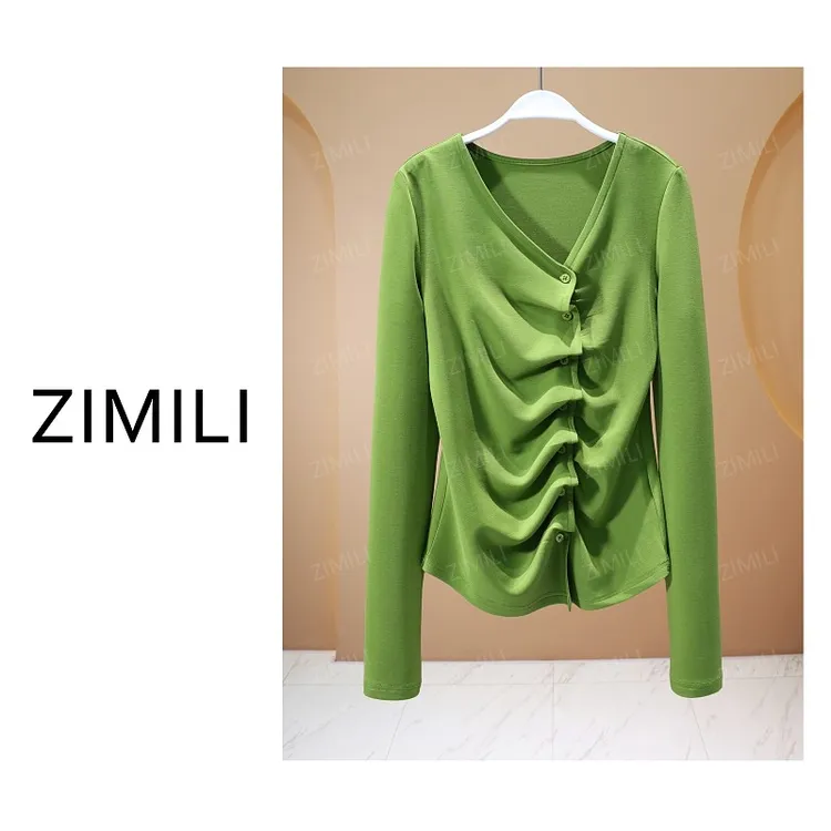 【亮哥女装】2025秋冬新品璧山绿钉扣打褶休闲上衣10053-A8