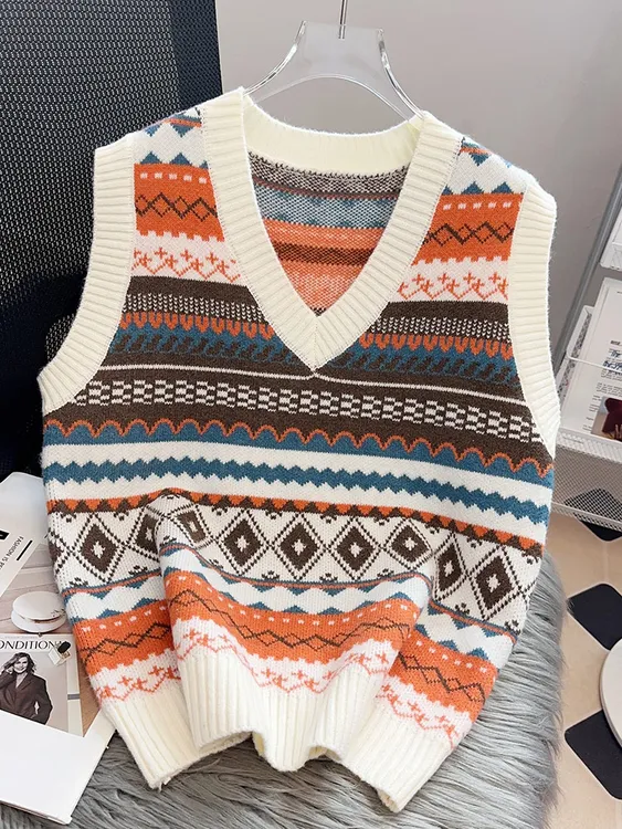 马甲针织背心女毛衣民族风2025春秋新款V领坎肩宽松马夹冬季外穿