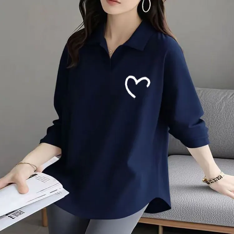 简约印花宽松T恤女纯棉春秋新款显瘦弧形下摆减龄POLO领长袖上衣