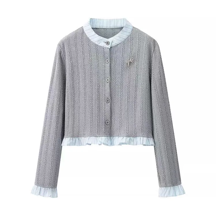 早秋新款灰色假两件针织开衫休闲荷叶边长袖衬衫