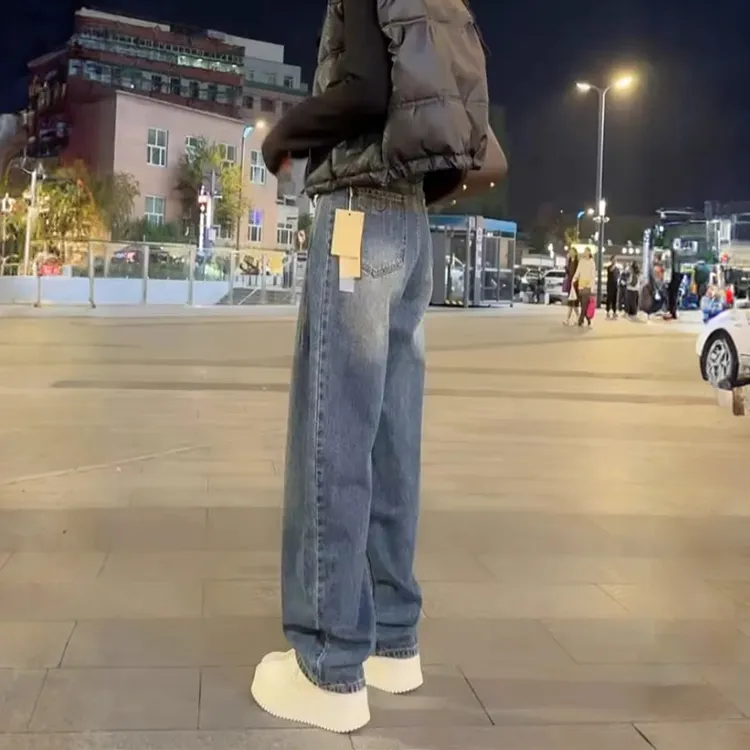 蓝色窄版直筒牛仔裤女秋冬季新款加绒大码胖mm高腰显瘦百搭阔腿裤