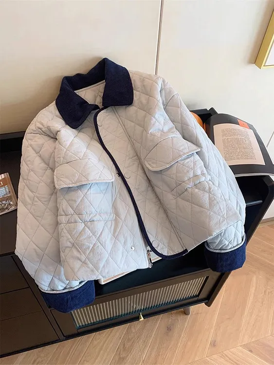 美式复古翻领菱格棉衣棉服女2025冬季设计感时尚气质百搭夹棉外套