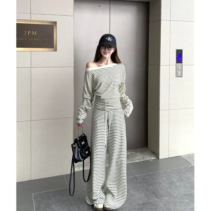 慵懒风修身辣妹斜肩长袖T恤上衣女秋季条纹套装休闲阔腿裤两件套