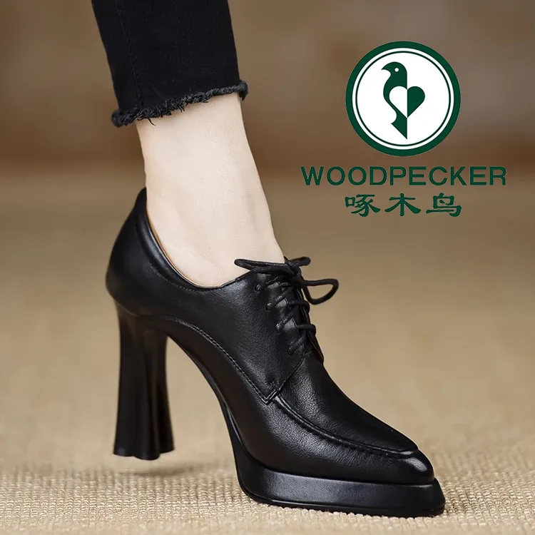 啄木鸟手工女鞋10cm2025年秋冬新款防水台软皮单鞋尖头系带高跟鞋