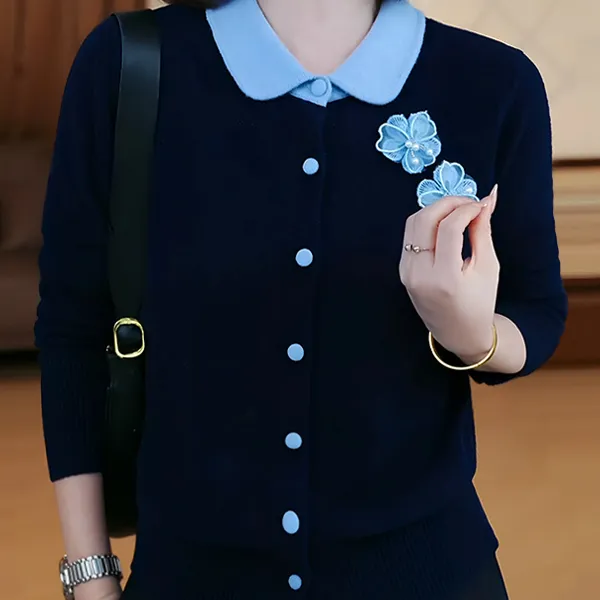 淑女风娃娃领针织开衫女深蓝色花朵刺绣纽扣毛衣秋冬减龄洋气上衣