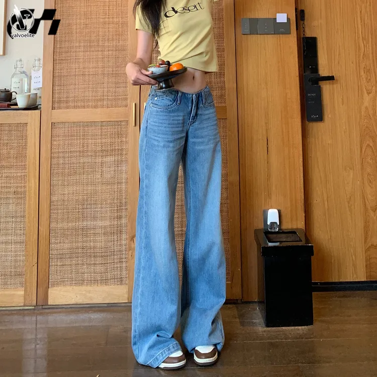 VALVOELITE牛仔裤女薄款新款低腰宽松垂感浅色高腰直筒裤显瘦开叉