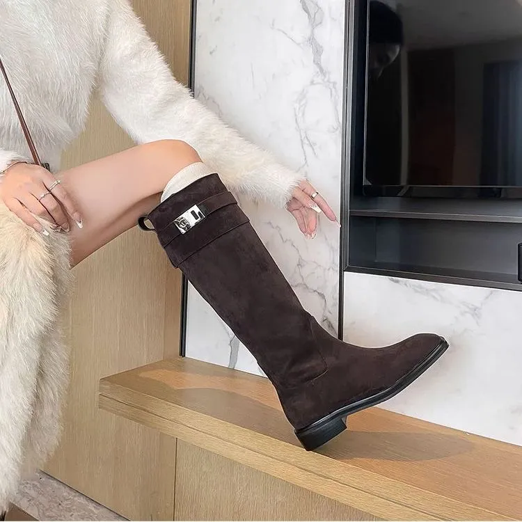 （麂皮绒/3厘米）法式复古小方头低跟简约通勤风厚底粗跟长筒靴