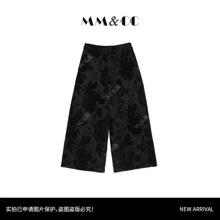 【朝华】新中式阔腿裤子女国风印花高腰直筒裤G9065