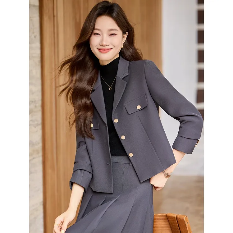 灰色西装套装女春秋2025新款超好看百褶裙两件套女士职业西服外套