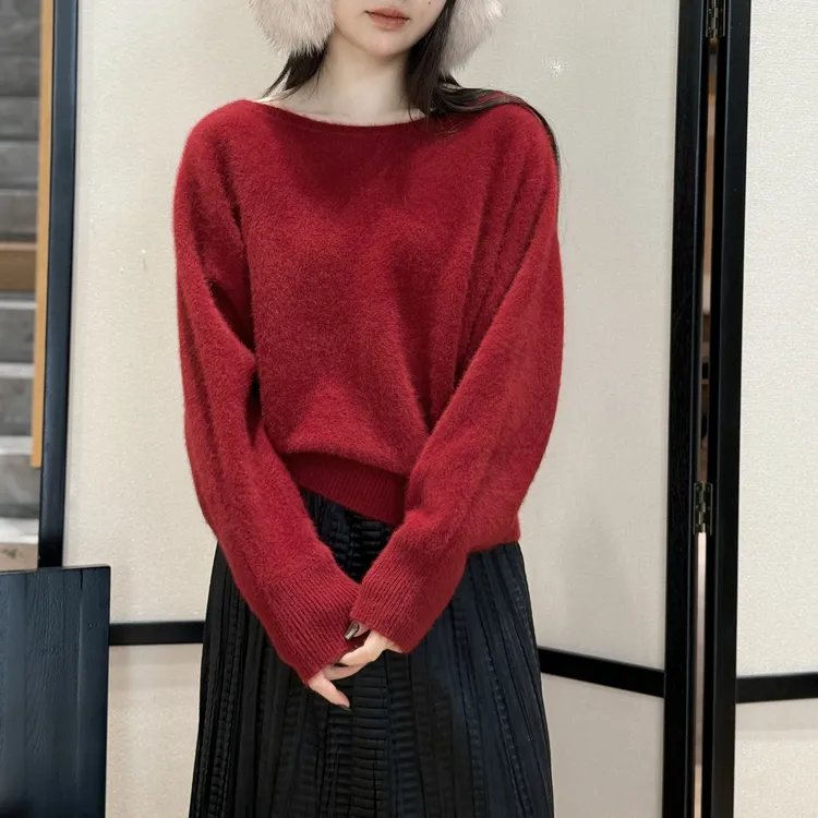 euri暖红入夜丨稀缺狐狸毛丨蝙蝠袖一字领套头毛衣针织衫-MY6494
