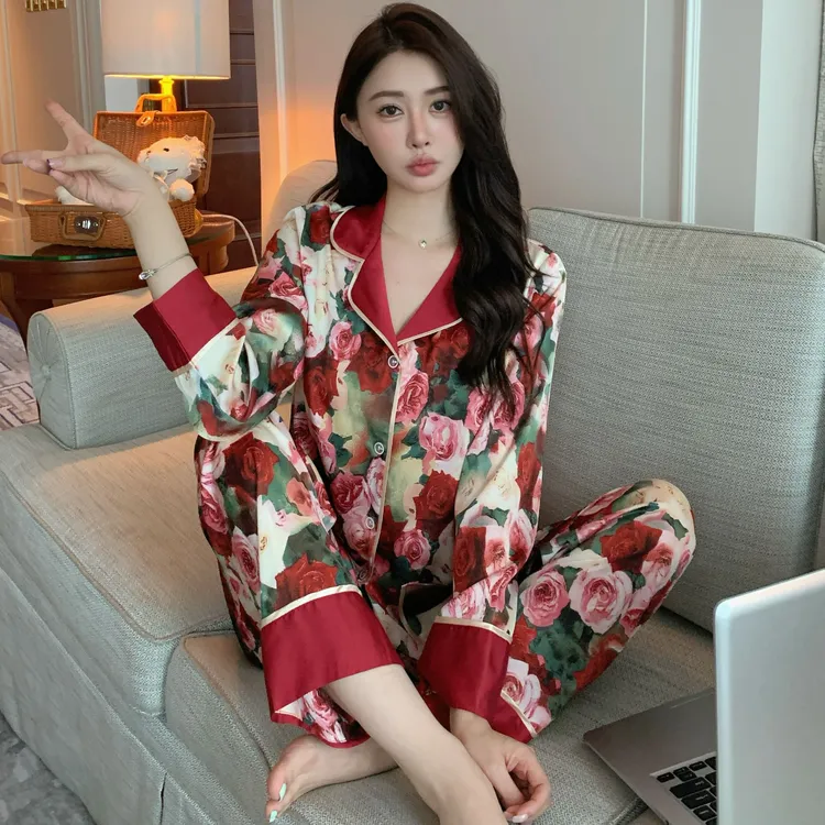 2025年春秋国风新中式款高级长袖长裤睡衣女大码家居服套装送妈妈