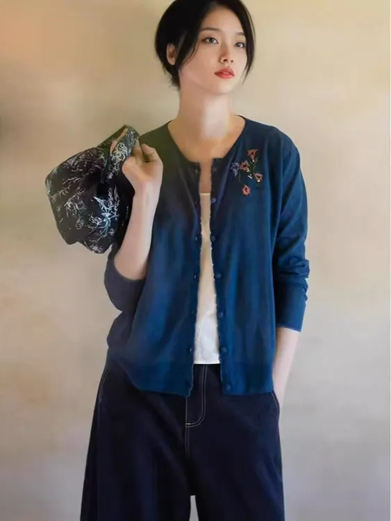 (高定）2025秋季新款棉麻混纺薄毛织刺绣外套女