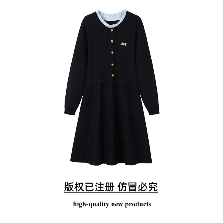 奢姿2025年秋季新款大码女装立领气质裙子胖妹妹学院风胸针连衣裙