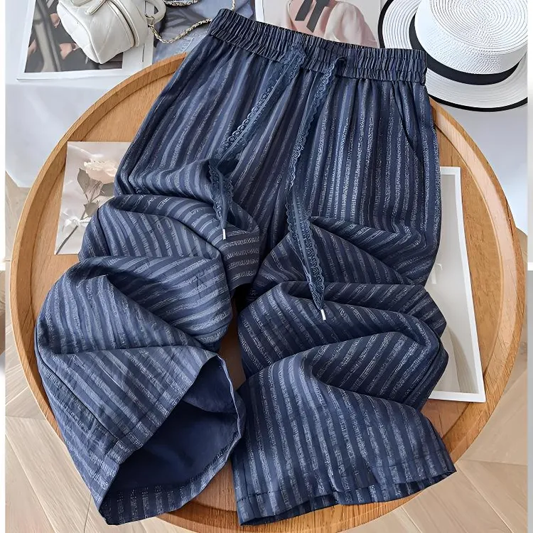 高级感藏青色条纹亚麻直筒裤女夏日薄款2025新款凉凉裤蕾丝阔腿裤