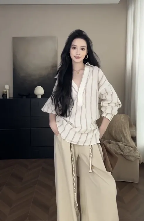 条纹夏季法式POLO领设计感通勤气质显瘦衬衫小众女装别致休闲裤子