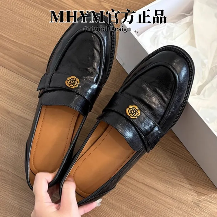 秒发MH官方真皮新款厚底山茶花一脚蹬乐福鞋女英伦风复古小皮鞋
