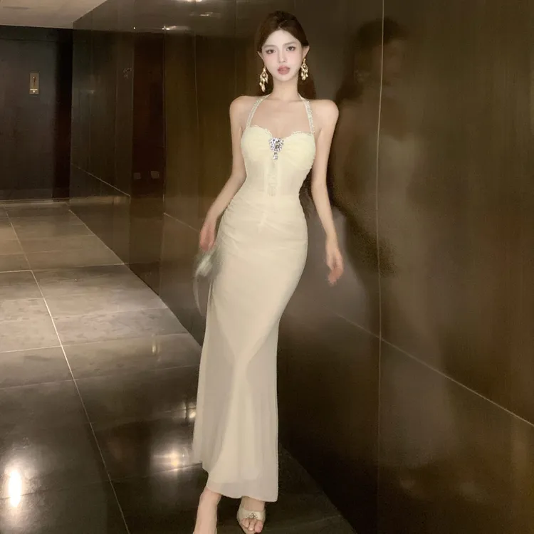 法式气质名媛风轻奢女神范重工钻饰礼服长裙优雅性感包臀连衣裙女